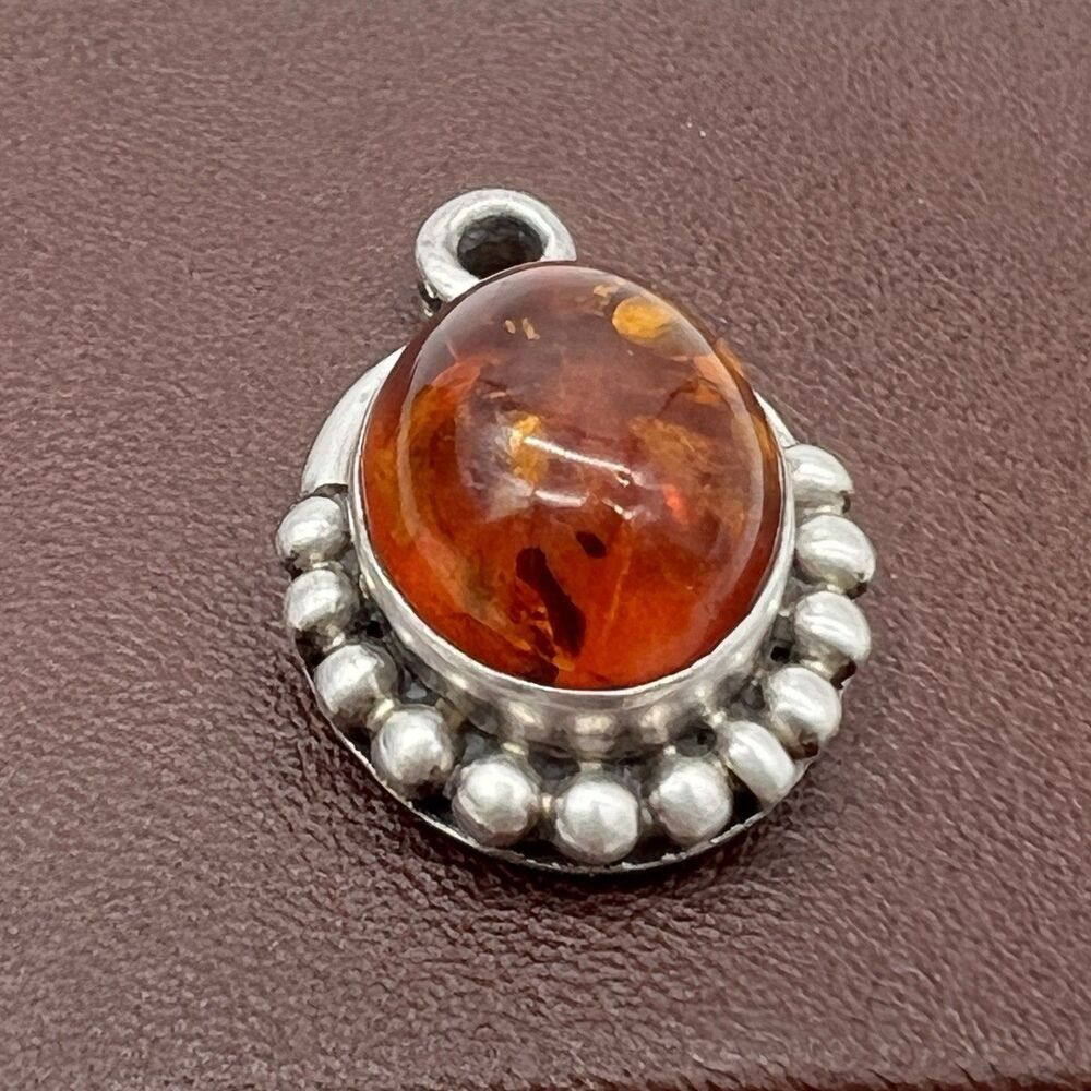 Vintage 925 Sterling Silver Baltic Amber Necklace Pendant